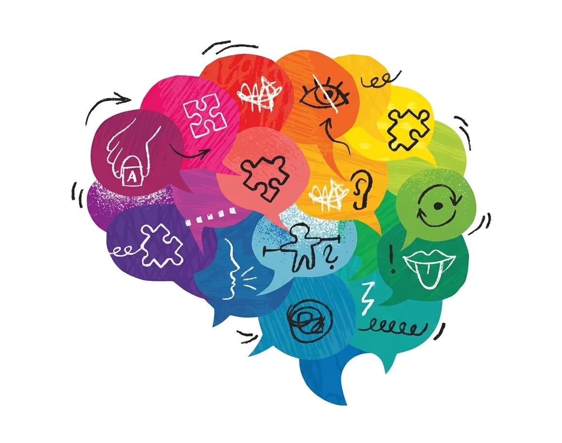 Illustration cerveau coloré — éveil sensoriel et cognitif